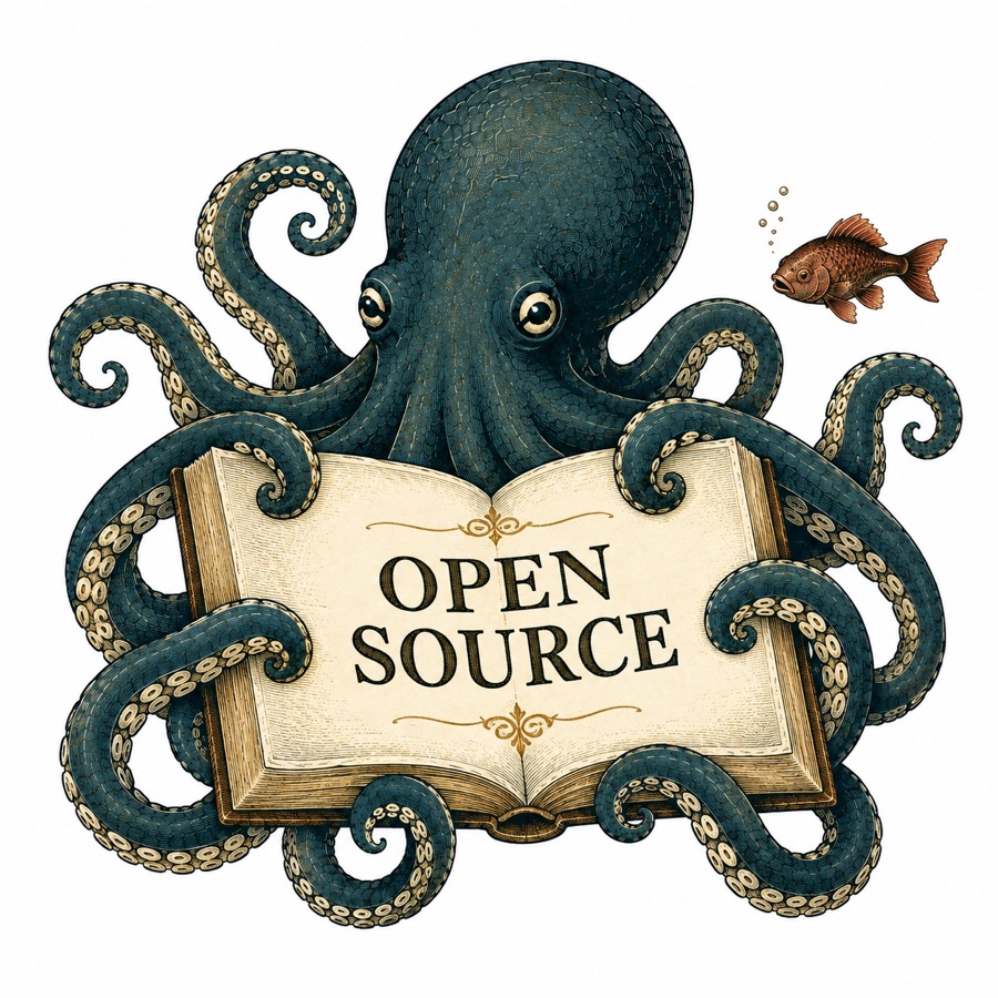 Oktsec’s octopus holding an open book labeled Open Source.