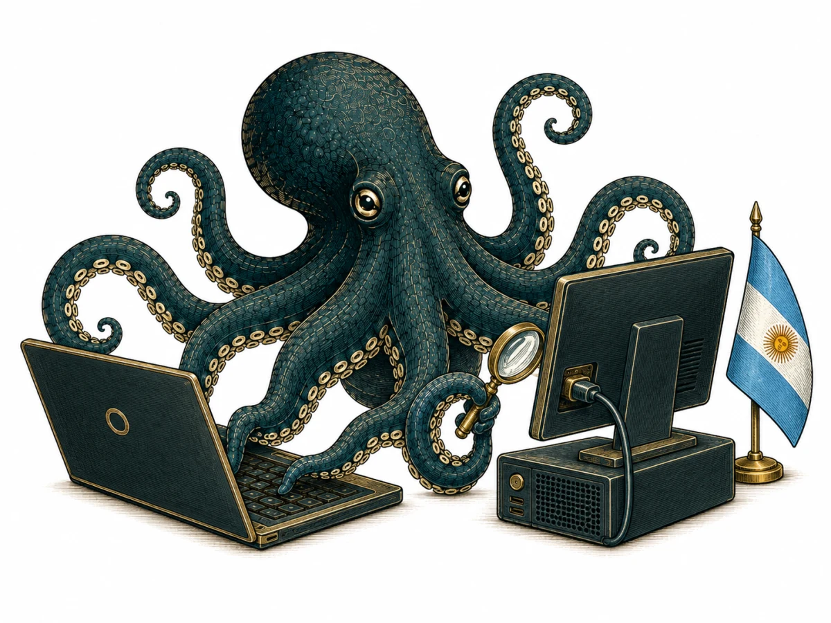 El pulpo de Oktsec revisa dos computadoras junto a una bandera argentina.