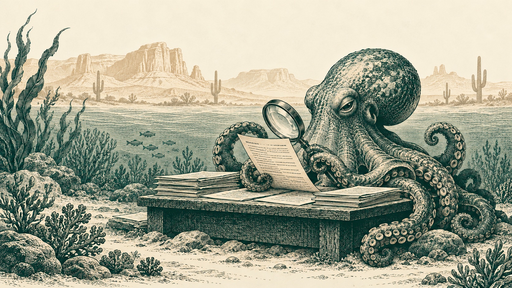 Oktsec octopus reviewing research manuscripts, with an Arizona landscape in the background