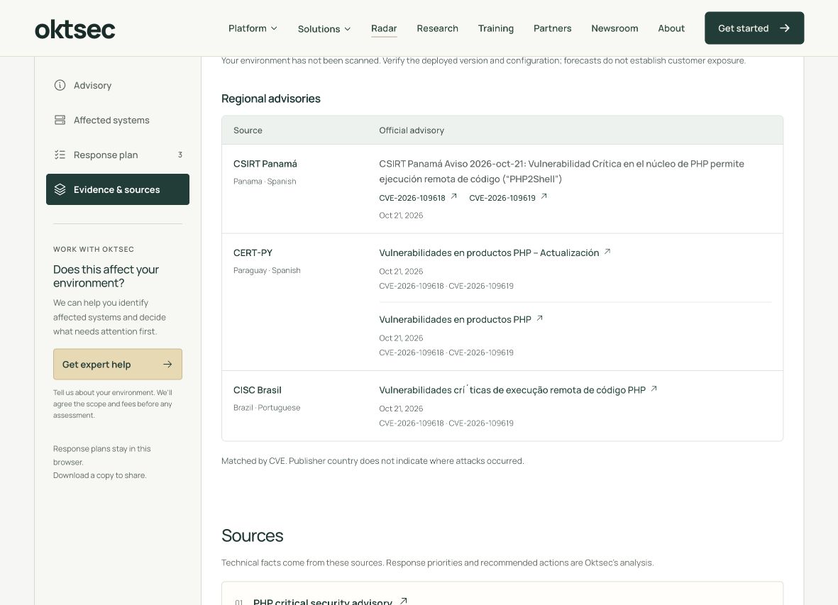 Official PHP advisories from CSIRT Panamá, CERT-PY and CISC Brasil, linked by their matching CVEs in Radar.