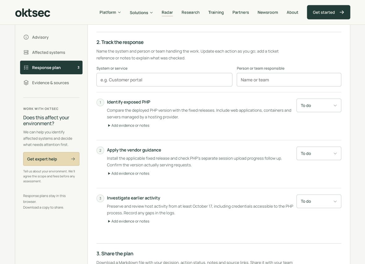 PHP2Shell response checklist with actions to identify exposed PHP, apply vendor guidance and investigate earlier activity.